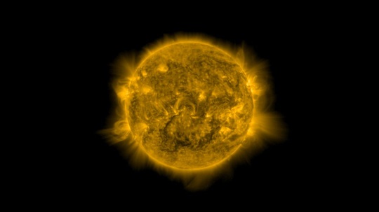 A detailed image of the sun emitting a bright yellow glow, highlighting the intricate patterns of its surface and solar flares.