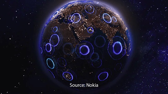 A digital illustration of Earth with numerous glowing, blue circles superimposed on its surface, set against a starry space background.