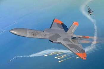 A concept image of a stealth aircraft with orange accents firing missiles during an aerial combat scene, accompanied by a second fighter jet maneuvering behind it.