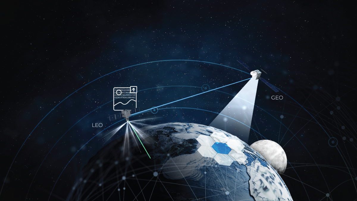 A space illustration showing satellites labeled 'LEO' and 'GEO' connecting to Earth with data overlays.