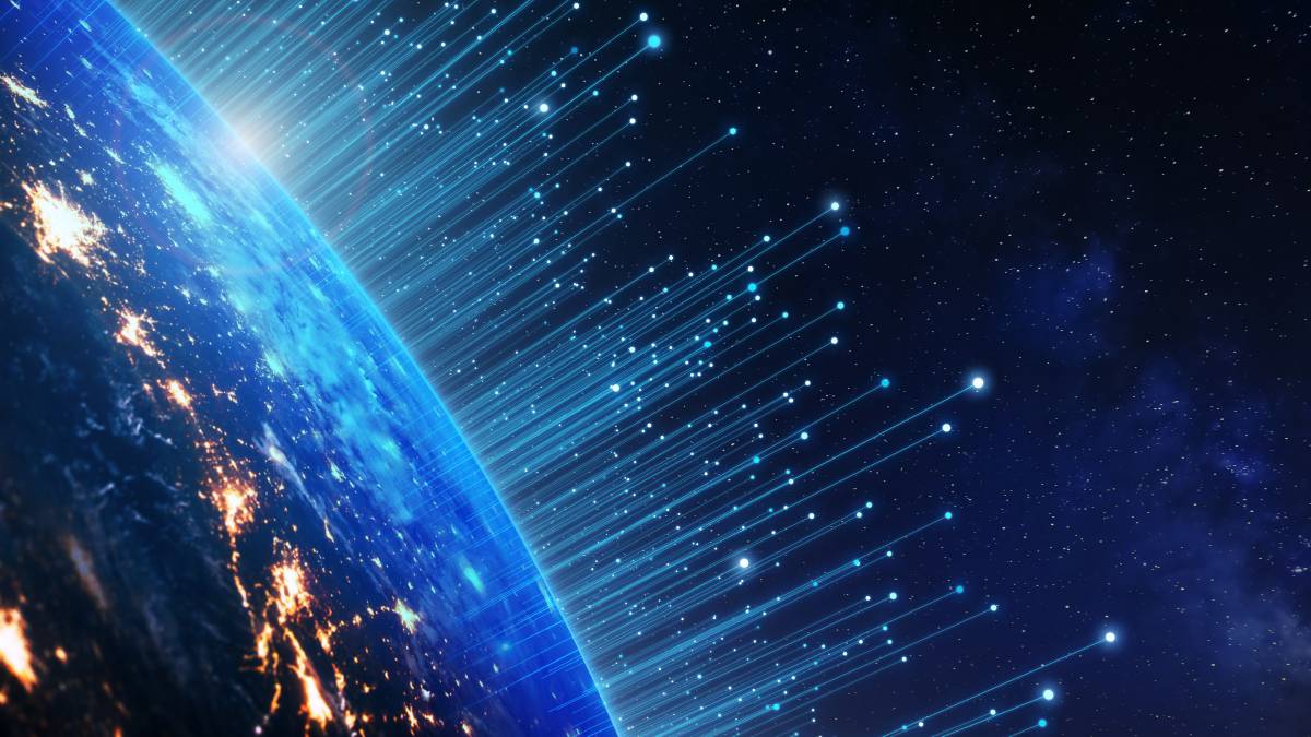 A view of Earth from space with bright blue digital data streams emanating from its surface, symbolizing global connectivity and technology.