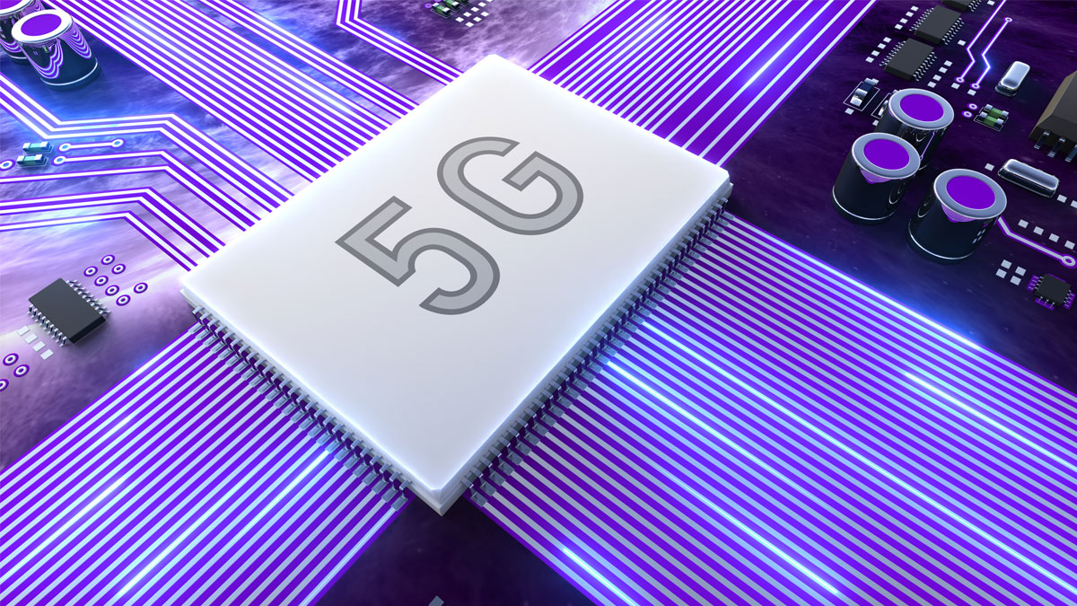 Close-up of a microchip labeled '5G' on a circuit board with purple circuitry lines.