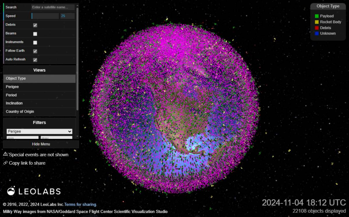 Visualization from LeoLabs showing Earth surrounded by thousands of colored dots representing different types of space objects, including debris, payloads, and rocket bodies.