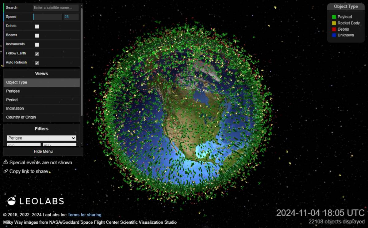 LeoLabs visualization showing Earth's orbit densely populated by various types of space objects, predominantly payloads, highlighted in green dots around the planet.