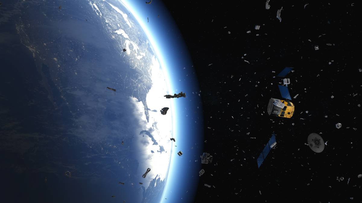 Image showing Earth's curvature from space, with numerous pieces of space debris and a satellite orbiting in the foreground.