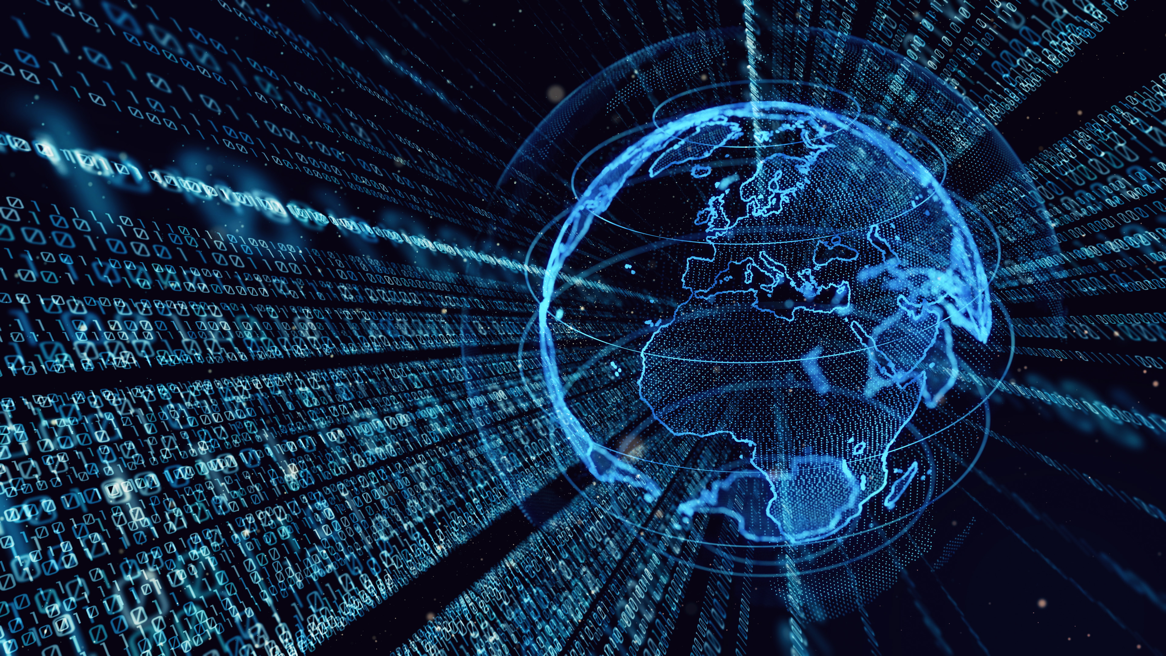 Digital rendering of a globe with continents outlined in blue, surrounded by streams of binary code and data lines, representing global connectivity and data flow.