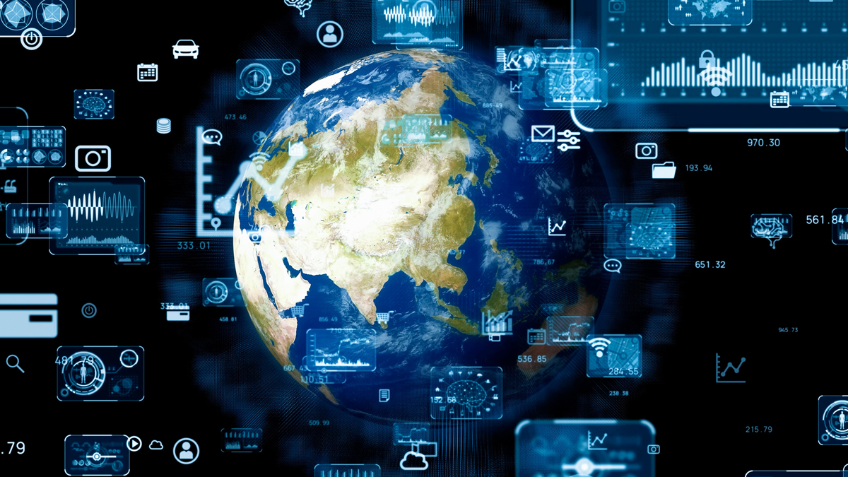 Illustration of Earth surrounded by digital icons and data overlays, symbolizing global connectivity and technology integration.