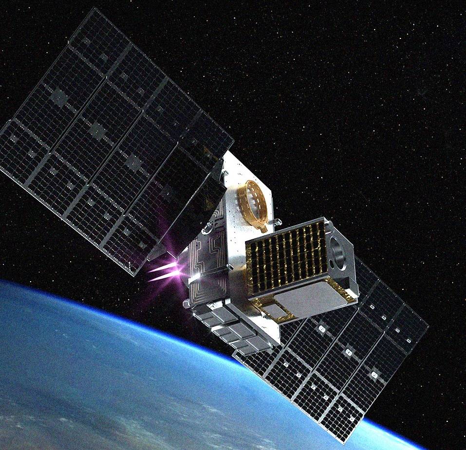 Rendering of a satellite with extended solar panels orbiting Earth against a backdrop of space.