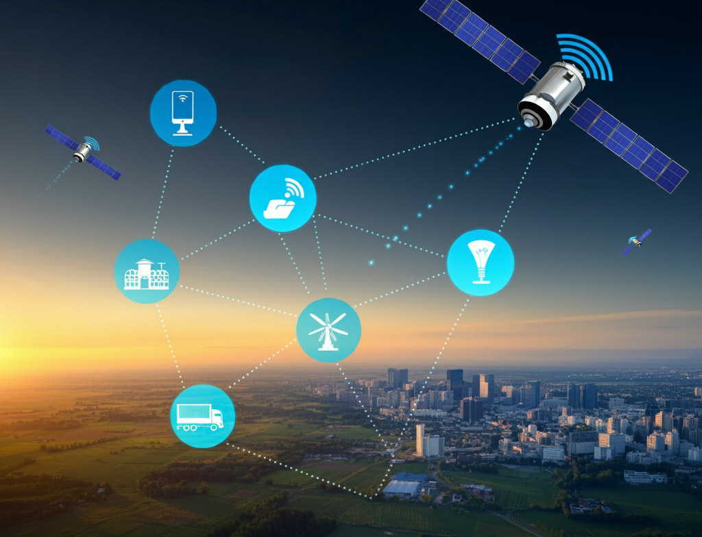 An illustration of a connected digital network overlaying a cityscape at sunset, depicting communication between satellites and various icons representing elements of a supply chain, such as transportation, energy, and technology.