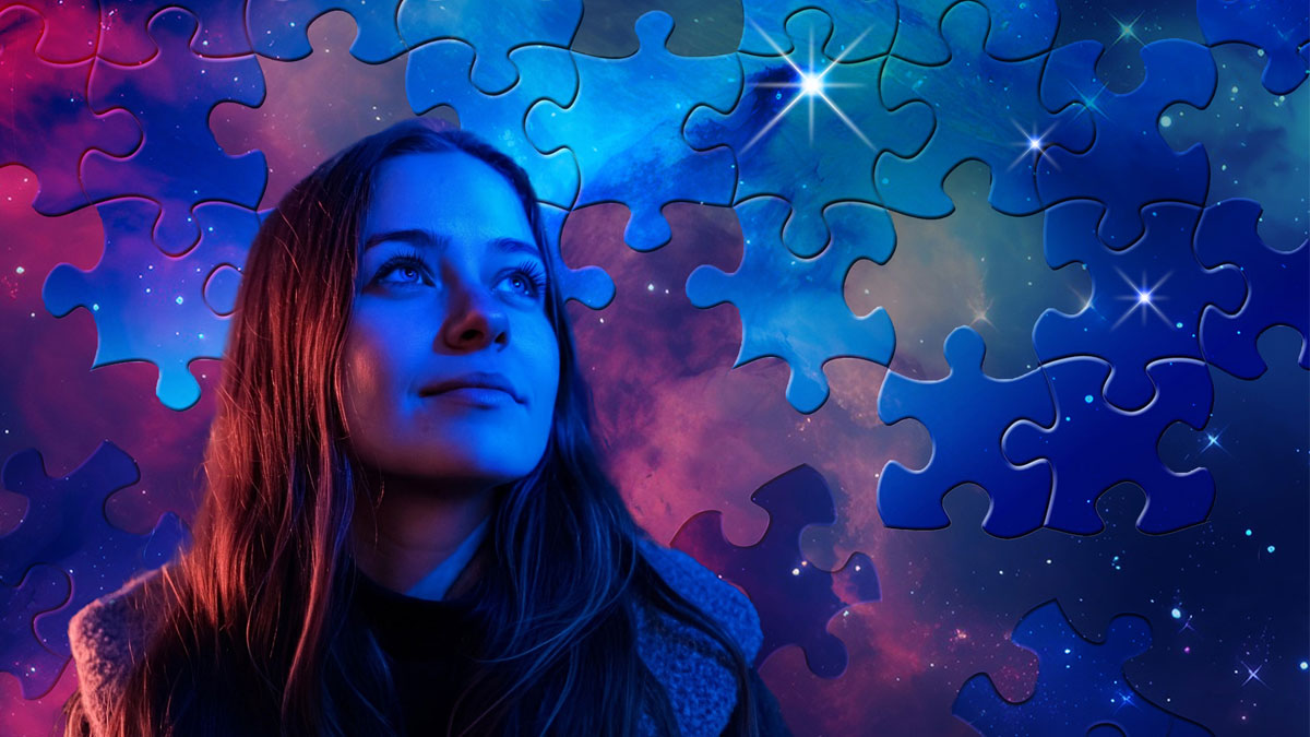 A woman gazes upward with a peaceful expression against a cosmic puzzle piece background, symbolizing wonder and contemplation.