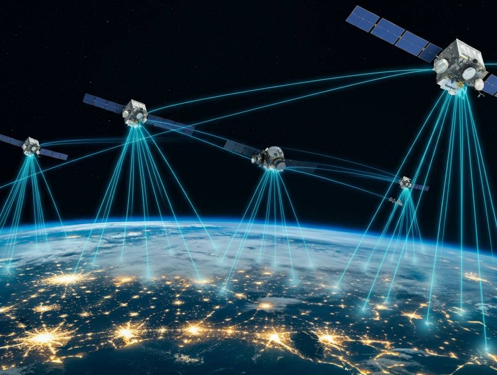 Multiple low Earth orbit (LEO) satellites orbiting the Earth, emitting beams of light that connect to various points on the planet, illustrating global satellite network coverage.