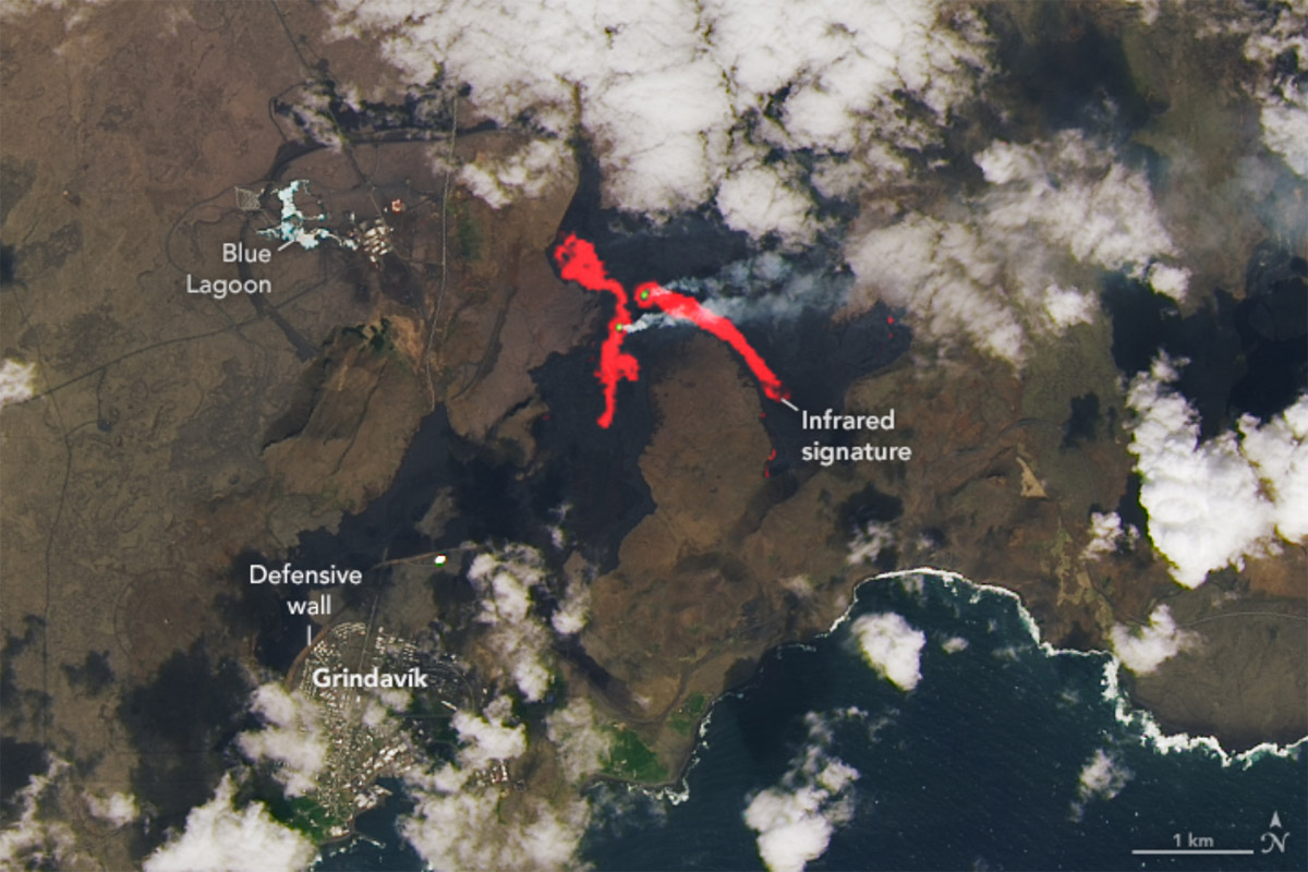 Satellite image of a volcano eruption in Iceland in May 2024