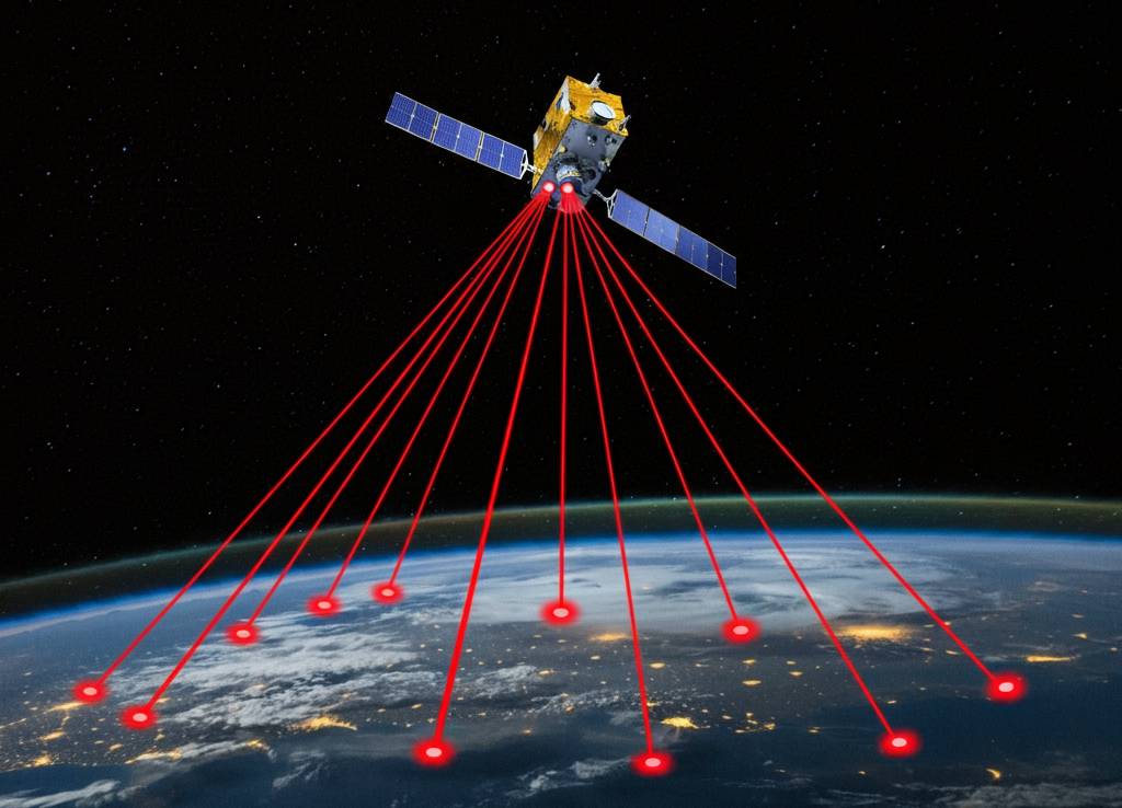 A satellite in space is shown being targeted by multiple red beams of light originating from various locations on Earth, representing a coordinated cyberattack from multiple directions.