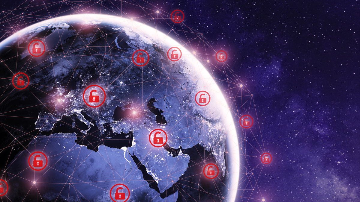 An image of Earth at night with red unlocked padlock icons connected by network lines, representing cybersecurity vulnerabilities across satellite networks.