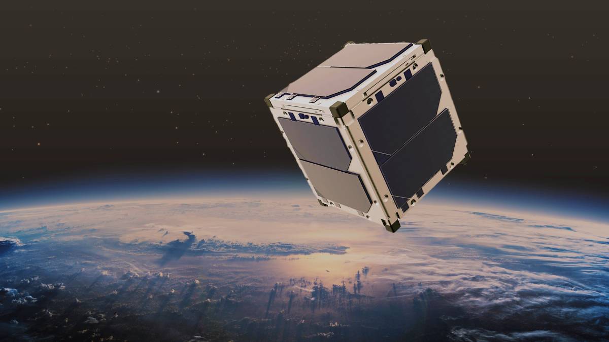 Small satellite with solar panels in orbit above Earth, set against a backdrop of space and a cloud-covered planet.