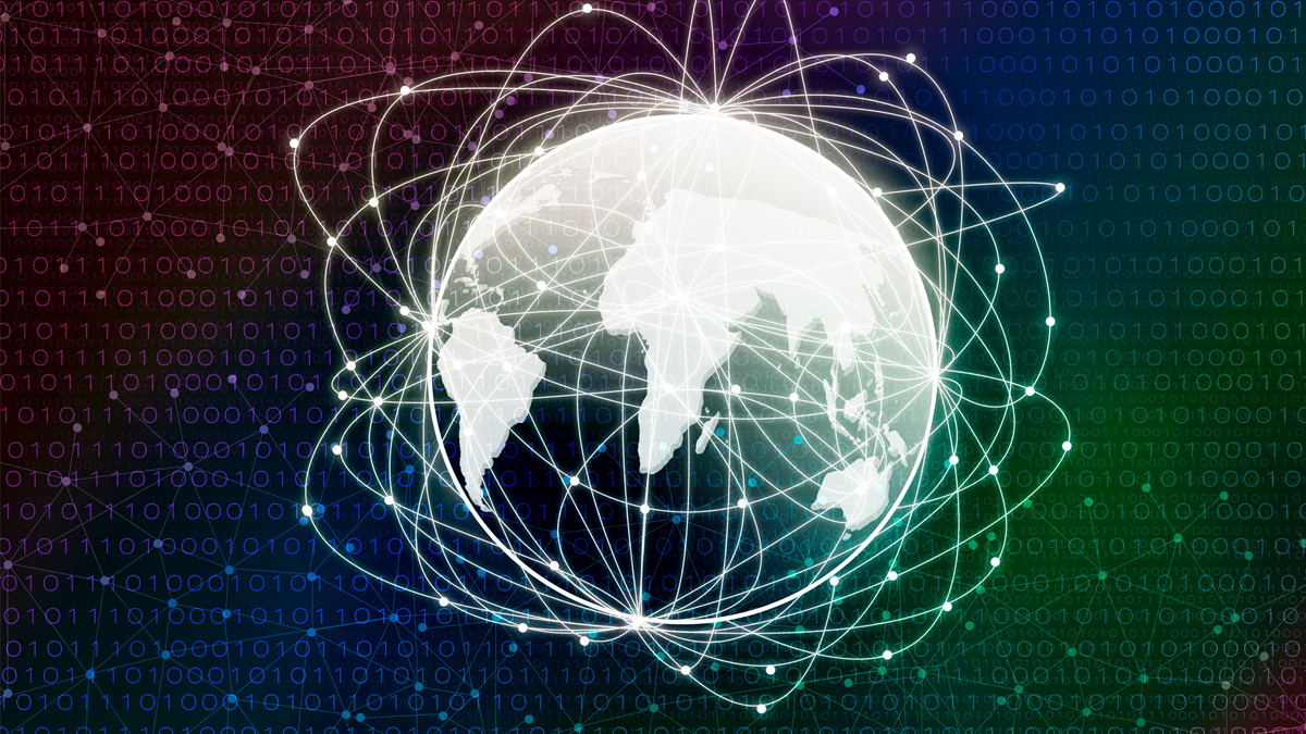 A digital illustration of a glowing globe with interconnected lines symbolizing global data networks, overlaid on a background of binary code.