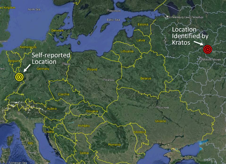 A map of Europe showing the self-reported location of carriers on Express AM8 in Saarbrücken, Germany, contrasted with the actual signal origin identified by Kratos in western Russia.