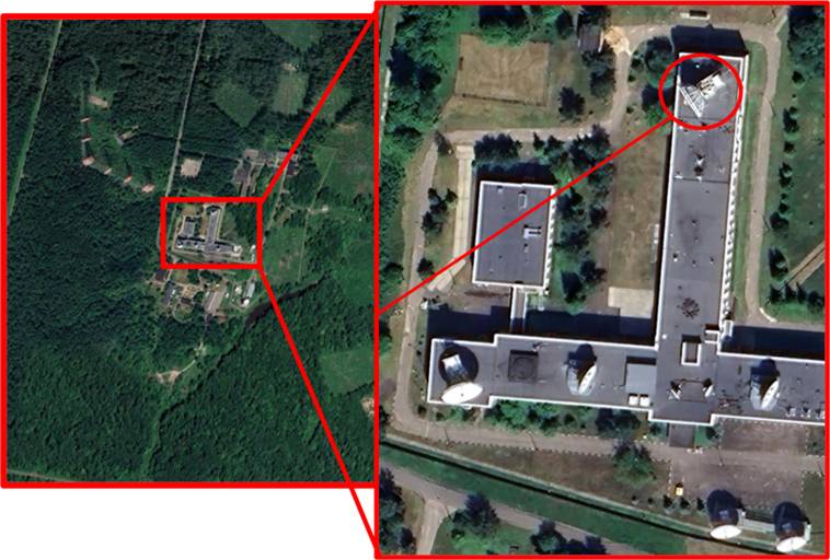 Satellite imagery showing the geolocation of signals to the Podolsk/Romantsevo Communications Complex, with a likely transmit antenna identified based on its pointing angle.