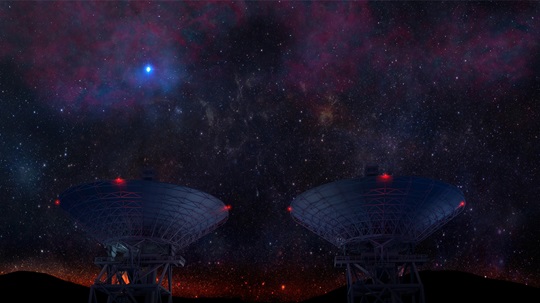 Two large radio telescopes are positioned under a vibrant, star-filled night sky with a nebula and a bright blue star in the background.