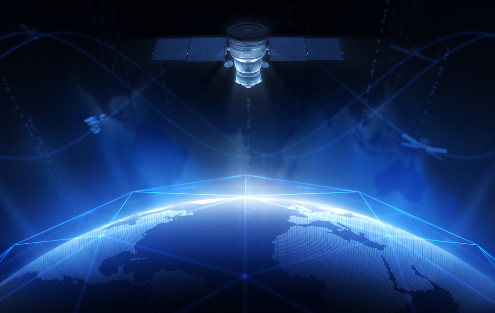 The image depicts a satellite in orbit above Earth, with a digital network grid and glowing lines surrounding the planet, symbolizing global communication or data transmission.