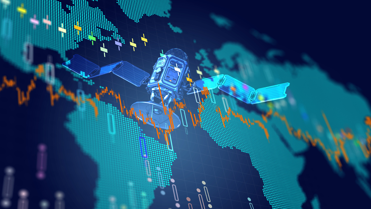 A 3D rendered satellite hovers above a digital world map displaying abstract financial data and graphs.