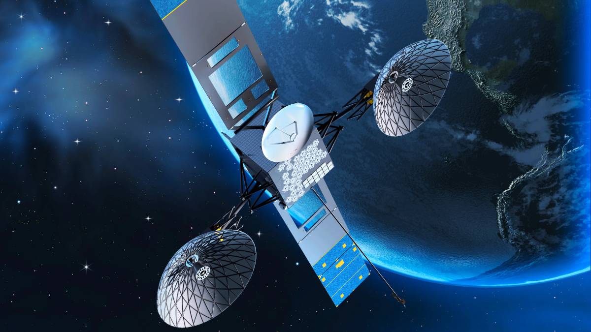 An illustration depicts a NASA Tracking and Data Relay Satellite (TDRS) orbiting Earth, highlighting its solar panels and large antennae against the backdrop of space.