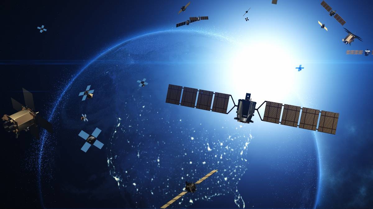 A 3D render of multiple satellites orbiting Earth, representing advancements in telecommunication and high-speed internet technology.