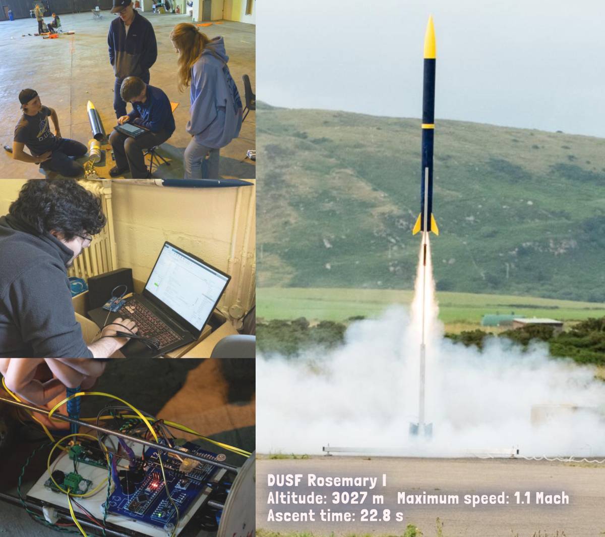 A collage featuring students working on the Rosemary I rocket in an indoor space, alongside an image of the rocket launching with smoke, and text displaying launch statistics: altitude 3027 m, maximum speed 1.1 Mach, ascent time 22.8 s.
