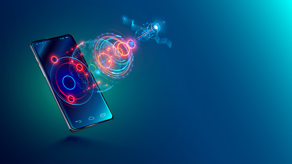 Digital satellite communication illustration between a smartphone and an orbiting satellite, with concentric circles and glowing connections linking them, symbolizing mobile satellite technology.