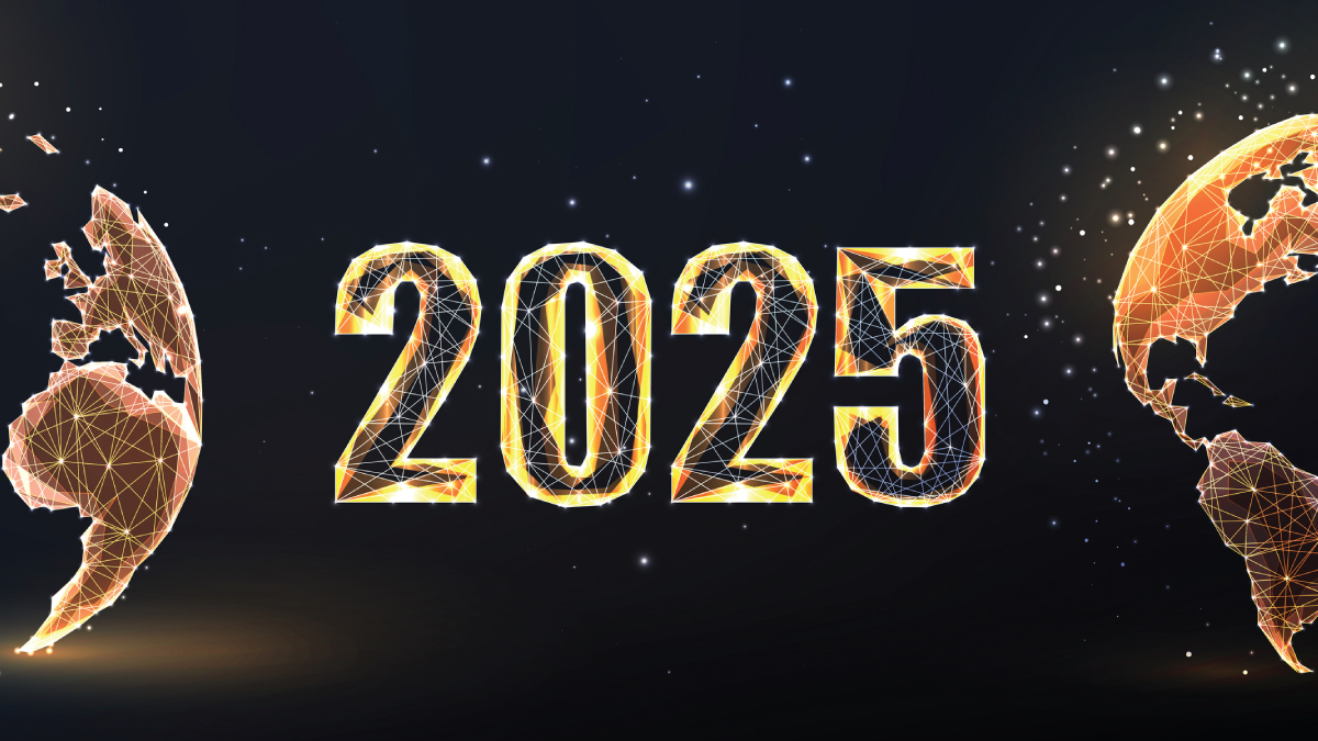 A glowing '2025' surrounded by digital wireframe-style globes representing global connectivity and technological advancements.