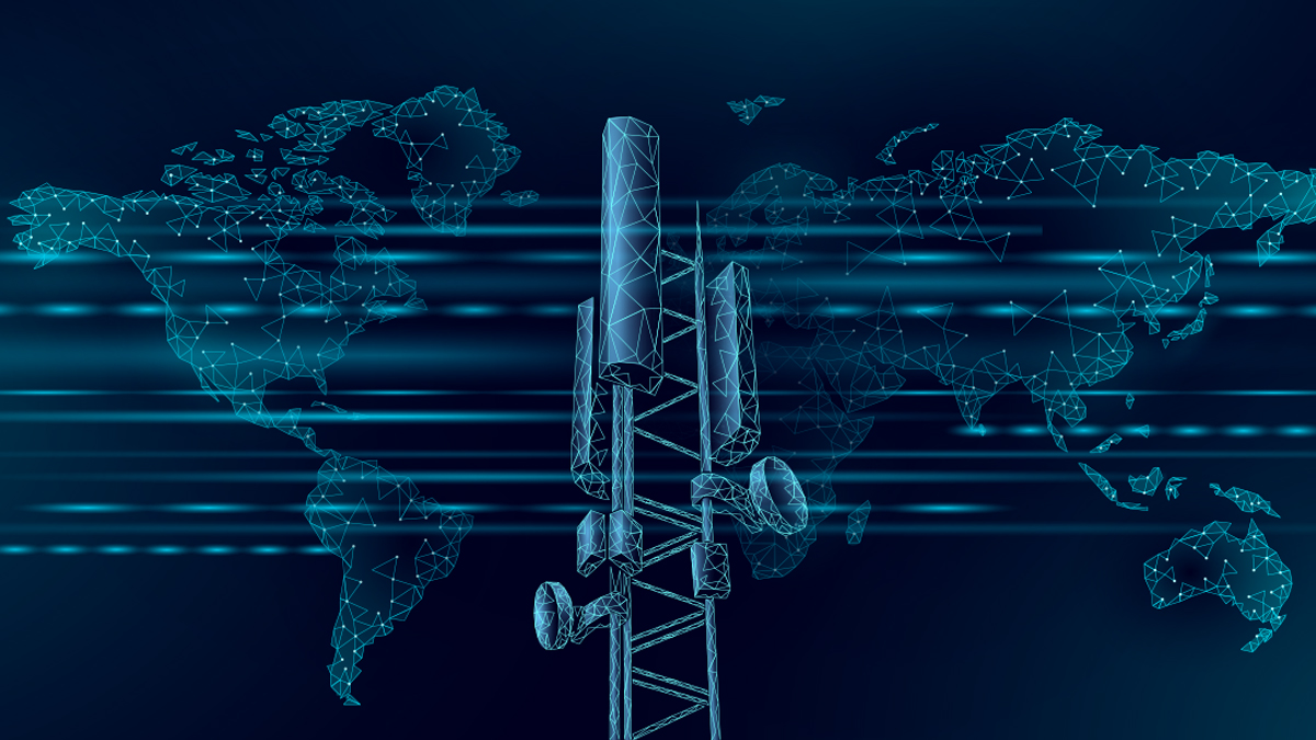 An illustration of a telecommunications tower with antennas, overlaid on a stylized digital map of the world, representing global connectivity.