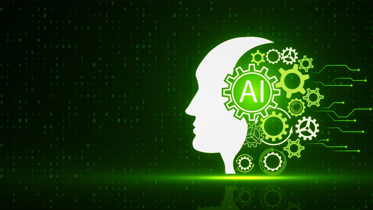 Silhouette of a human head with gears labeled 'AI' inside, set against a green background with binary code patterns.