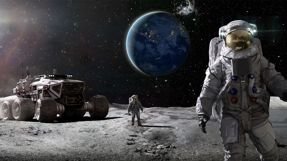 Two astronauts stand on the moon, with a large lunar rover nearby and Earth visible in the background of space.