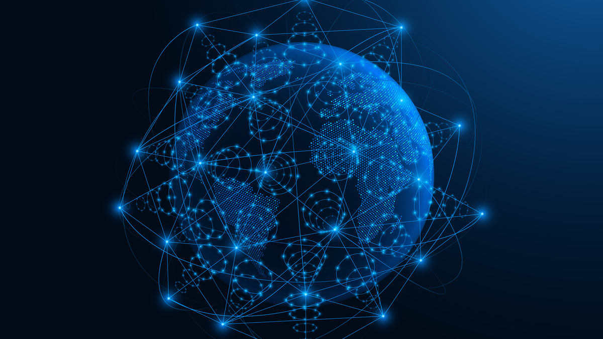 The image depicts a digital, glowing blue representation of the Earth with interconnected lines and dots symbolizing global communication networks.