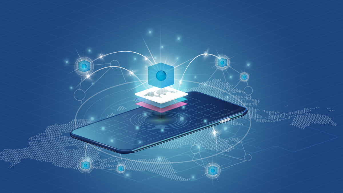 Digital illustration of a smartphone with floating layered icons and connecting nodes, symbolizing mobile connectivity and data sharing across a global network.