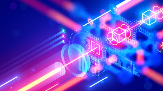 A vibrant, futuristic digital illustration featuring interconnected blocks, glowing lines, and data visualizations, symbolizing advanced technology and blockchain networks.