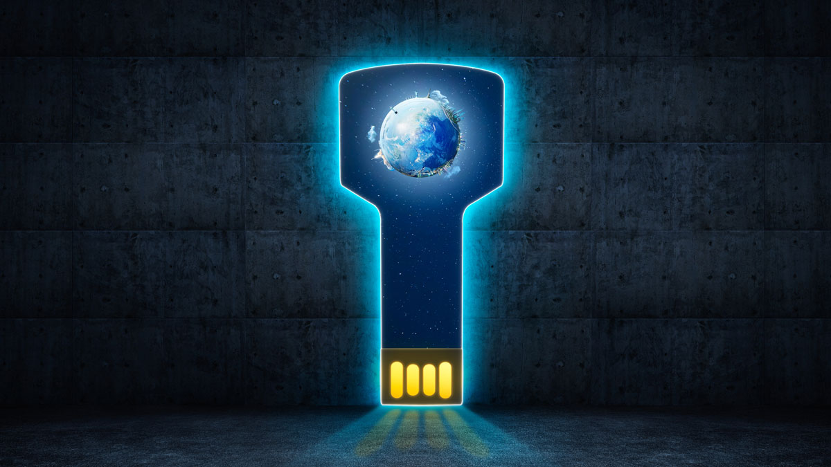 Abstract glowing USB key with an image of Earth inside, set against a dark, textured background.