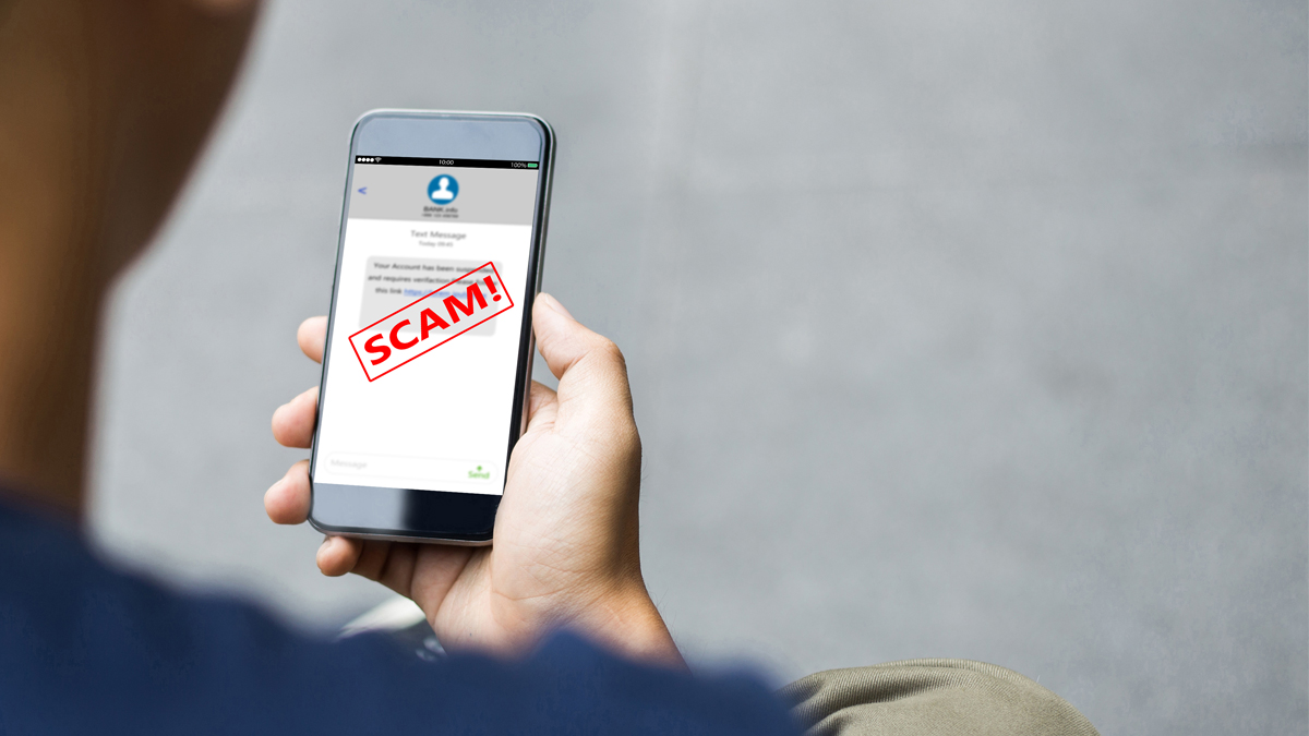 The image shows a person holding a smartphone displaying a message labeled with a large red stamp that says 'SCAM!'