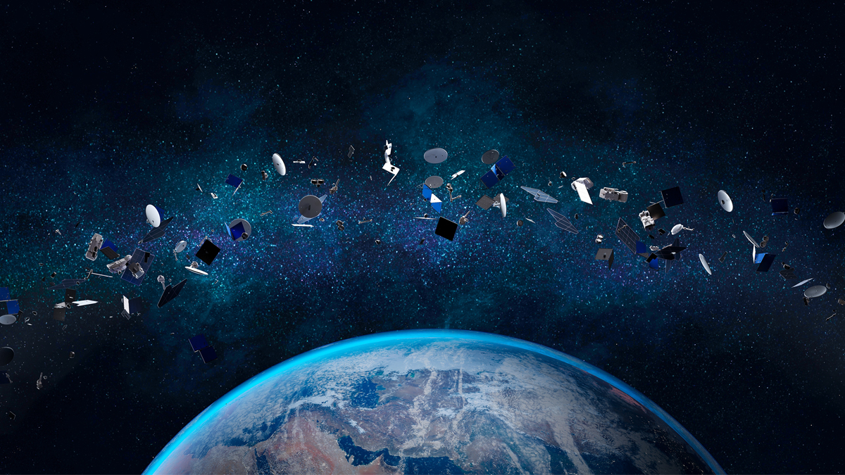 An illustration of space debris orbiting the Earth, featuring various satellite parts and objects floating against a backdrop of the dark, star-filled universe.