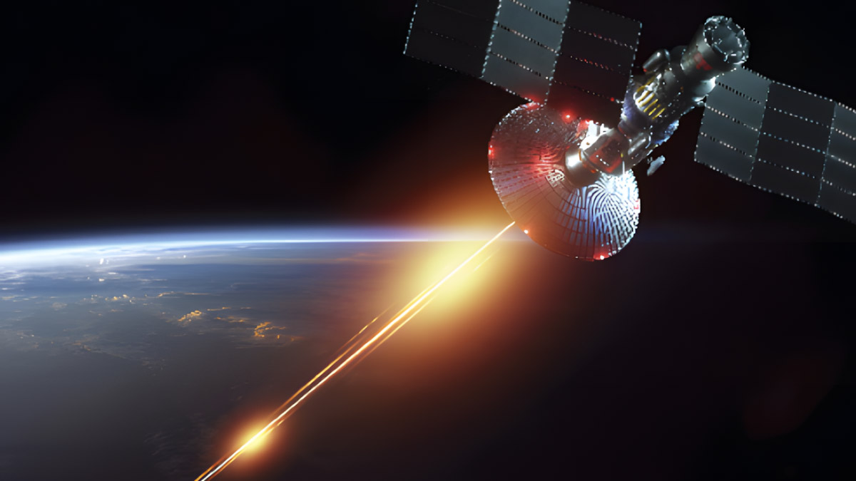 A satellite in orbit beams laser-like energy towards Earth in a dramatic depiction of space technology.