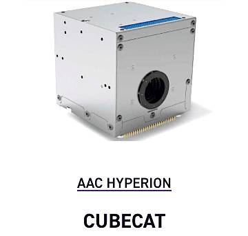 A compact, cube-shaped satellite component labeled 'AAC Hyperion CubeCAT,' designed for advanced communication applications.