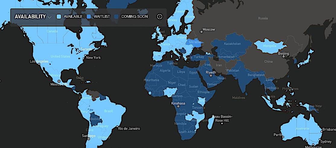 Starlink coverage map as of July 1, 2024.