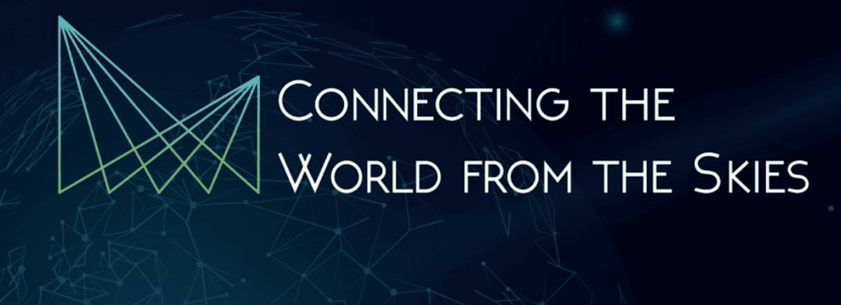 Logo with the text 'Connecting the World from the Skies' and abstract light beams over a digital globe.