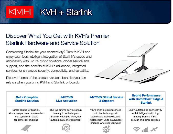 Advertisement for KVH's premier Starlink hardware and service solution, highlighting features such as complete Starlink solutions, 24/7 live activation, global service and support, and hybrid performance with CommBox Edge.