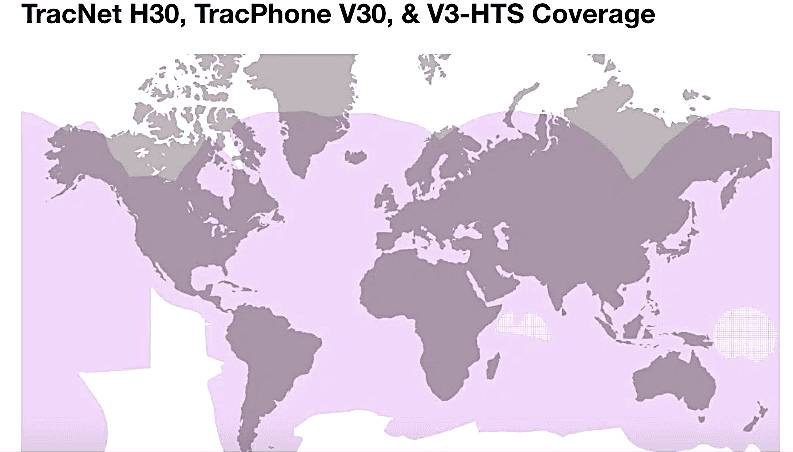 The image is a world map highlighting the coverage areas for KVH's TracNet H30, TracPhone V30, and V3-HTS services, showing regions covered by GEO-orbit Ku-band capacity in purple.