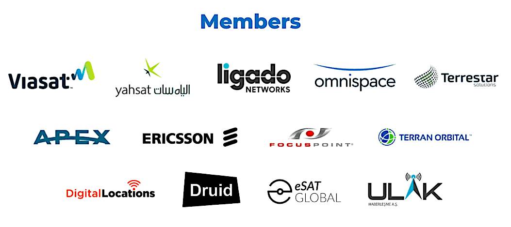 Logos of companies listed as members of the Mobile Satellite Services Association (MSSA), including Viasat, Yahsat, Ligado Networks, Omnispace, Terrestar Solutions, APEX, Ericsson, FocusPoint, Terran Orbital, Digital Locations, Druid, eSAT Global, and ULAK.