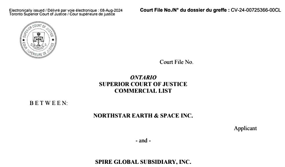 A legal document header from the Ontario Superior Court of Justice, Commercial List, detailing a case between NorthStar Earth & Space Inc. and Spire Global Subsidiary, Inc.