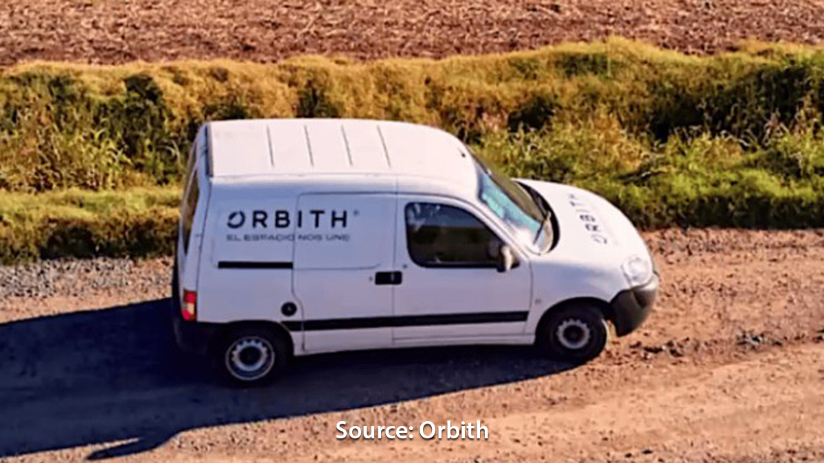 A white van with 'ORBITH' and additional text on its side is parked on a gravel road beside a grassy field.