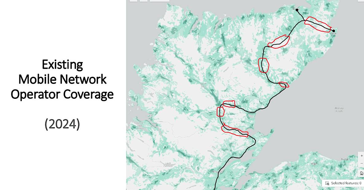 A map of northern Scotland showing existing mobile network operator coverage for 2024, with red circles highlighting gaps in terrestrial connectivity where LEO broadband is being tested.