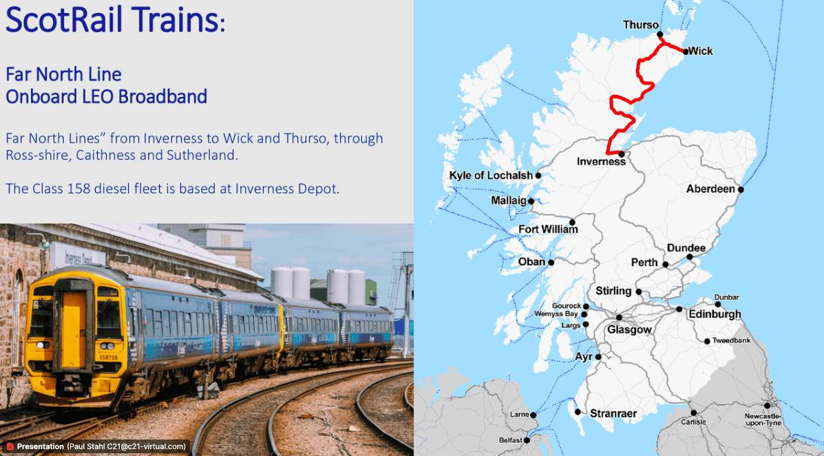 A presentation slide showing a map of Scotland with the Far North Line highlighted in red, indicating the route from Inverness to Wick and Thurso, and featuring a ScotRail train at the Inverness Depot.